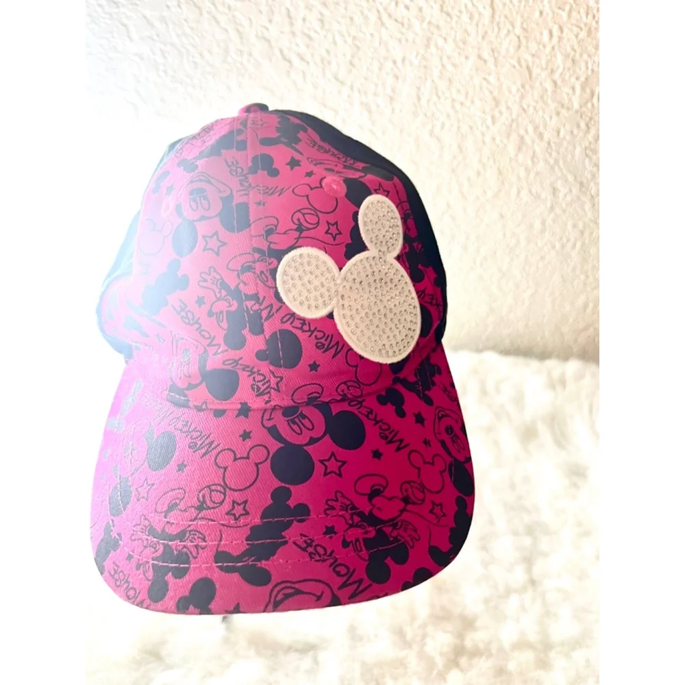 Disney Parks Mickey Mouse Hat Youth Girl Hat Black Pink Rhinestones Adjustable.